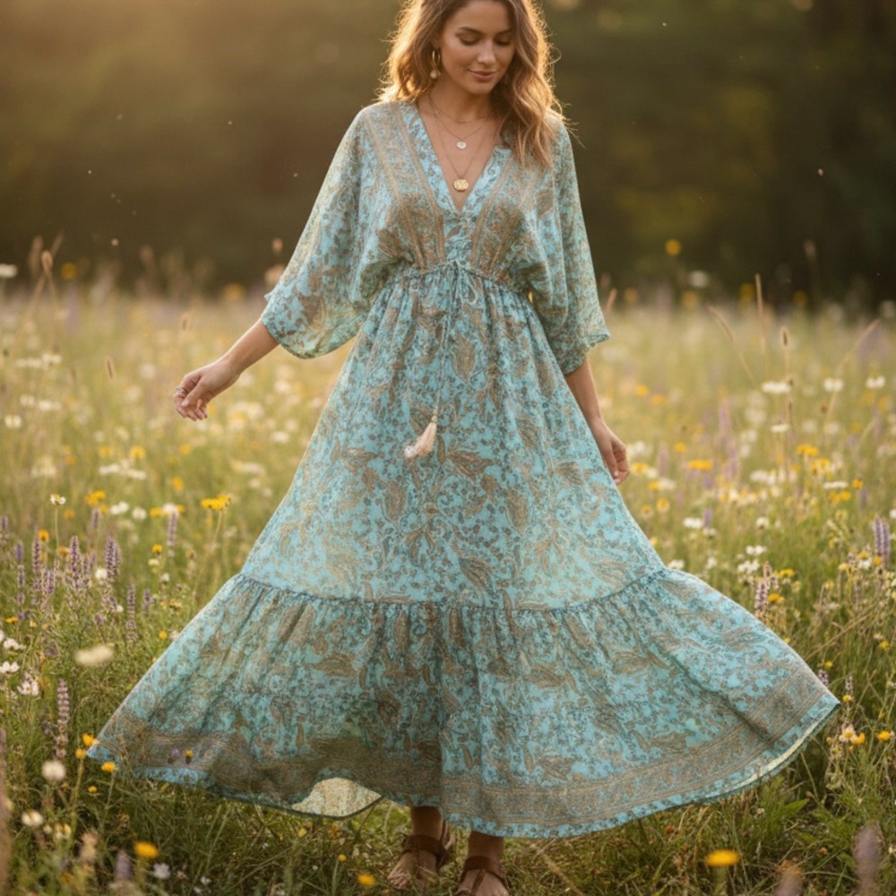 ZURY Vintage Silk Blend Whimsical Boho Floral Paisley Tiered Maxi Dress Teal OS